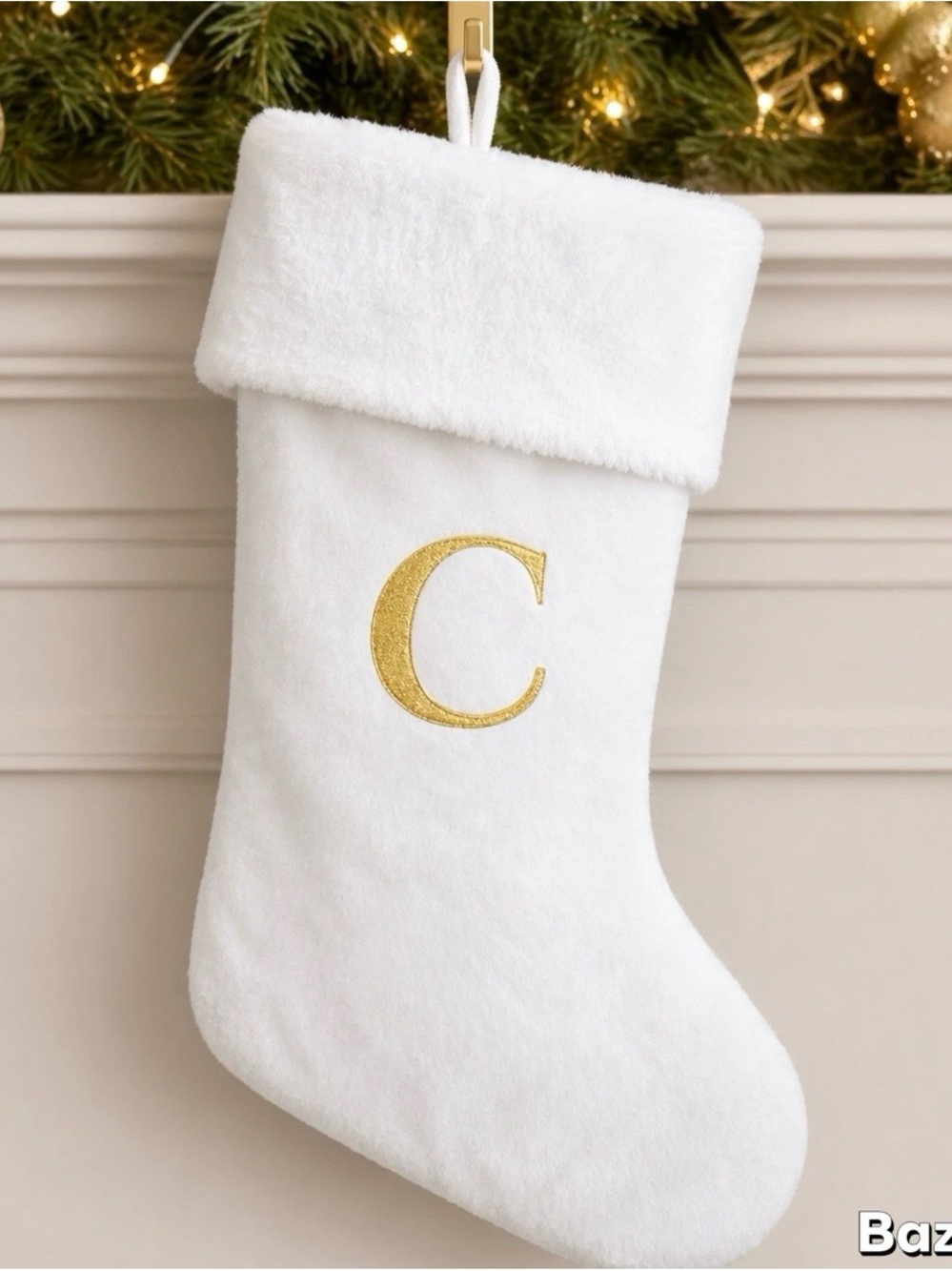 10” Velvet & fur “C” Monogram White &Gold Christmas Stocking